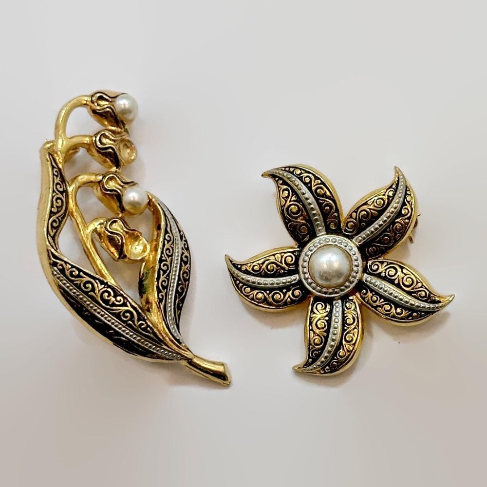Damascene Brooches, Flower, Starfish, Gold, Black, Faux Pearls, Vintage, Lot